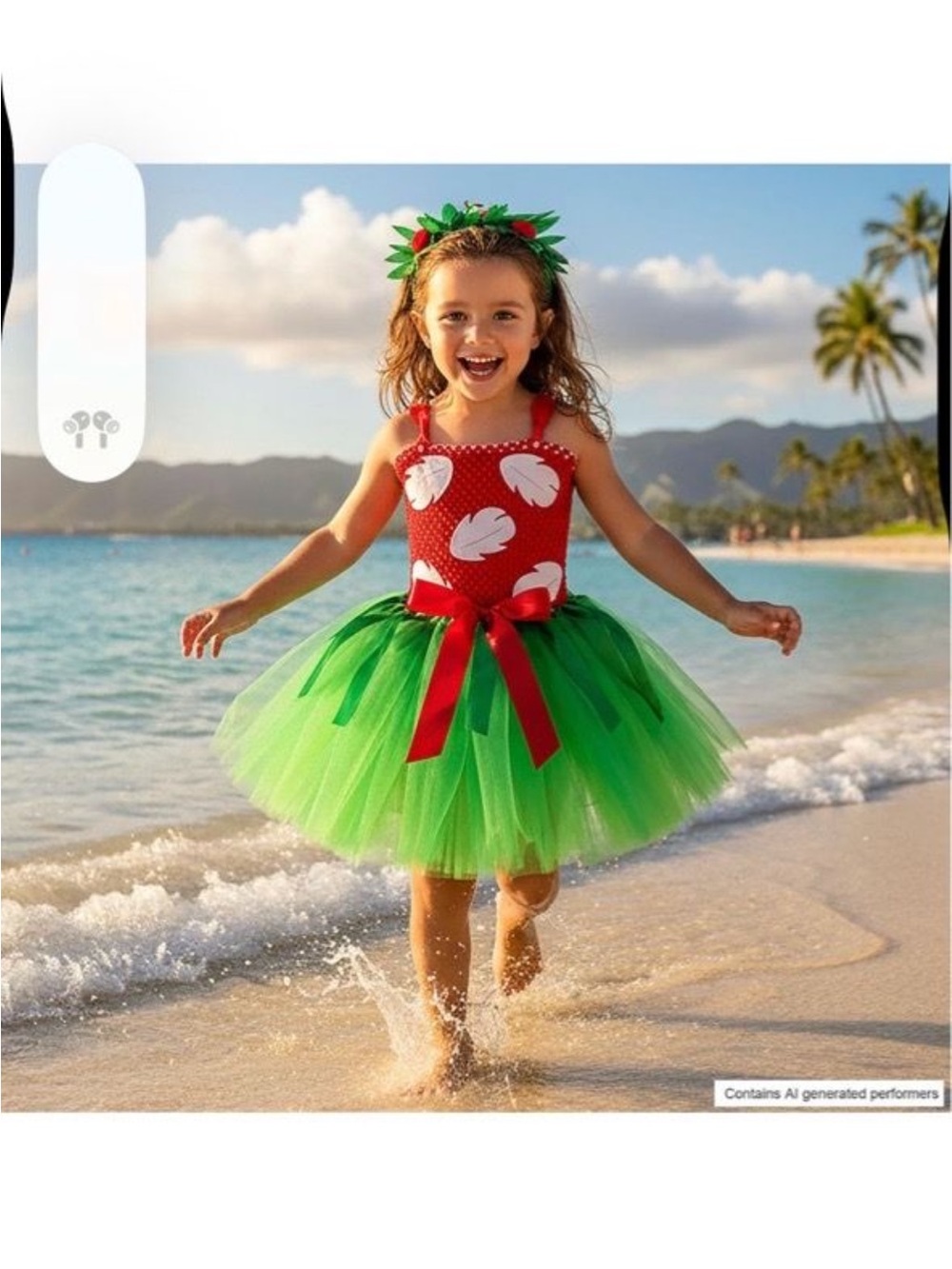 Girls Red & Green Hawaiian Tutu Costume with Leaf Headband size 5 to 6